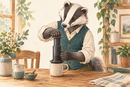 AI illustration of a dressed badger pressing an upright manual coffee brewer. Imagined use; appearance is illustrative.