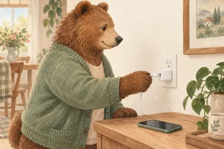 AI illustration of a dressed bear connecting a cable to a white wall charger. Imagined use; appearance is illustrative.