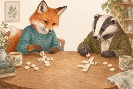 AI illustration of animals building word grids, not actual game components