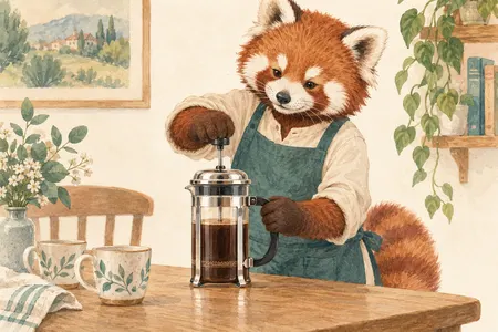 AI illustration of a dressed red panda pressing the plunger of a glass French press. Imagined use; appearance is illustrative.