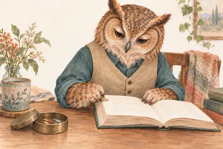 AI illustration of a dressed owl placing a small metal line marker on a book page. Imagined use; appearance is illustrative.