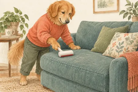 AI illustration of a dressed dog rolling a reusable hair remover on a couch cushion. Imagined use; appearance is illustrative.