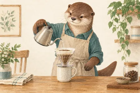 AI illustration of a dressed otter pouring into a clear conical dripper above a mug. Imagined use; appearance is illustrative.
