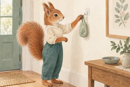 AI illustration of a dressed squirrel hanging a light pouch on a clear wire hook. Imagined use; appearance is illustrative.