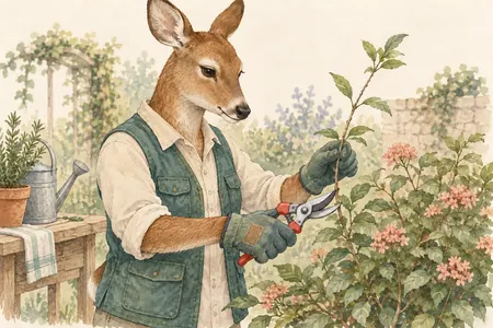 AI illustration of a dressed deer cutting a slender stem with a bypass pruner. Imagined use; appearance is illustrative.