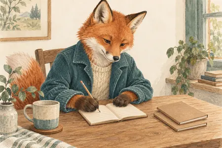AI illustration of a dressed fox writing in a small kraft-paper memo book. Imagined use; appearance is illustrative.