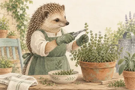 AI illustration of a dressed hedgehog trimming a thin herb stem with small snips. Imagined use; appearance is illustrative.