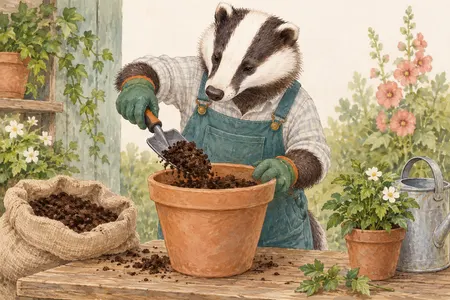 AI illustration of a dressed badger moving potting soil with a hand trowel. Imagined use; appearance is illustrative.
