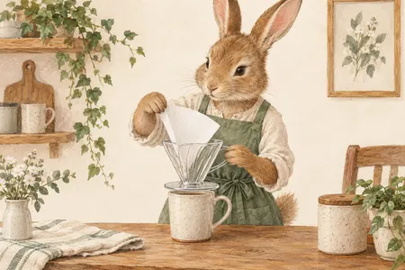 AI illustration of a dressed rabbit fitting a paper cone into a dripper. Imagined use; appearance is illustrative.