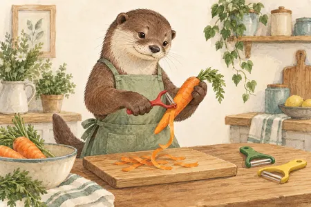 AI illustration of a dressed otter peeling a carrot with a Y-shaped peeler. Imagined use; appearance is illustrative.