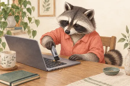 AI illustration of a dressed raccoon brushing crumbs from a laptop keyboard. Imagined use; appearance is illustrative.