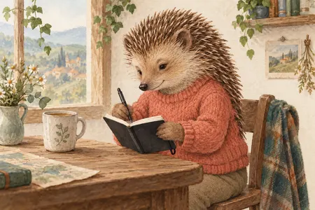 AI illustration of a dressed hedgehog writing in a black pocket notebook. Imagined use; appearance is illustrative.