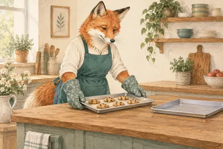 AI illustration of a dressed fox with baking sheets, not an exact product image