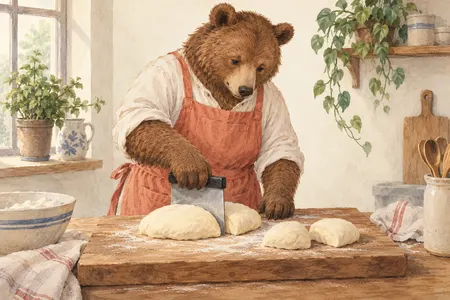 AI illustration of a dressed bear dividing dough with a rigid bench scraper. Imagined use; appearance is illustrative.
