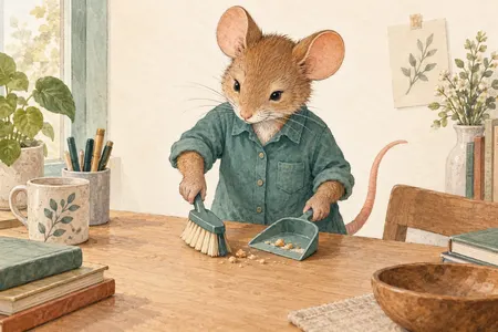 AI illustration of a dressed mouse sweeping desk crumbs into a compact dustpan. Imagined use; appearance is illustrative.