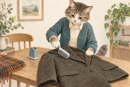 AI illustration of a dressed cat brushing loose hairs from a jacket. Imagined use; appearance is illustrative.