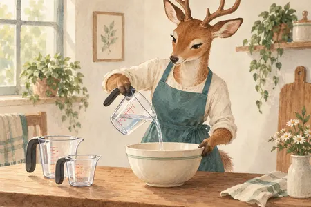 AI illustration of a dressed deer pouring from a liquid measuring jug. Imagined use; appearance is illustrative.