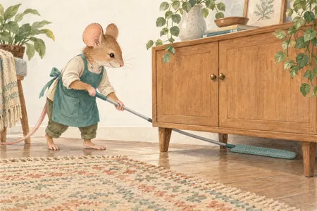 AI illustration of a dressed mouse guiding a slim duster under a cool cabinet. Imagined use; appearance is illustrative.