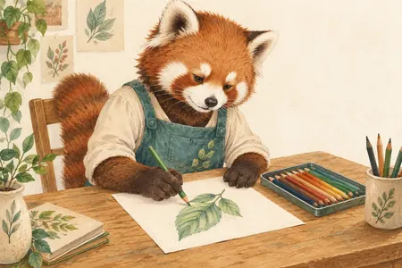 AI illustration of a dressed red panda shading a leaf drawing with colored pencils. Imagined use; appearance is illustrative.
