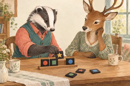 AI illustration of a dressed badger placing a shape tile in a matching row. Imagined use; appearance is illustrative.