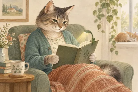 AI illustration of a dressed cat reading a book with a small green clip-on light. Imagined use; appearance is illustrative.