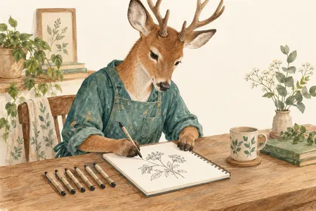 AI illustration of a dressed deer drawing a botanical outline with a fineliner. Imagined use; appearance is illustrative.