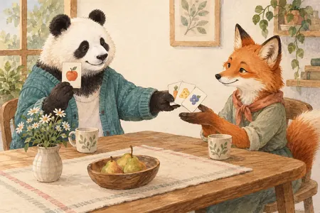 AI illustration of a dressed panda choosing and passing simplified cards with a friend. Imagined use; appearance is illustrative.