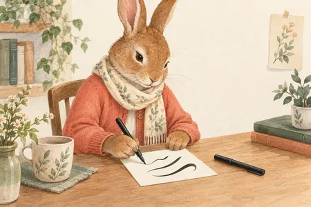 AI illustration of a dressed rabbit practicing black brush strokes on a card. Imagined use; appearance is illustrative.