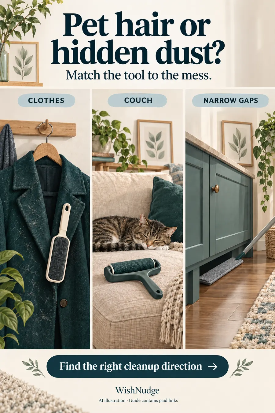 Illustrated garment brush, pet hair roller and slim duster for three different cleanup directions.