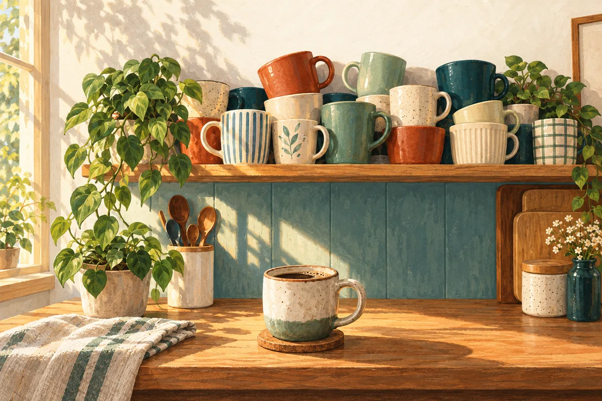 A warm painted coffee corner with a full mug shelf and a cup on the counter.