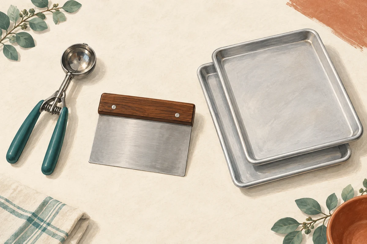 Three generic baking-tool types: one squeeze-handled scoop, one rigid bench scraper and two empty rimmed pans. They are shown in separate spaces, not to relative scale.