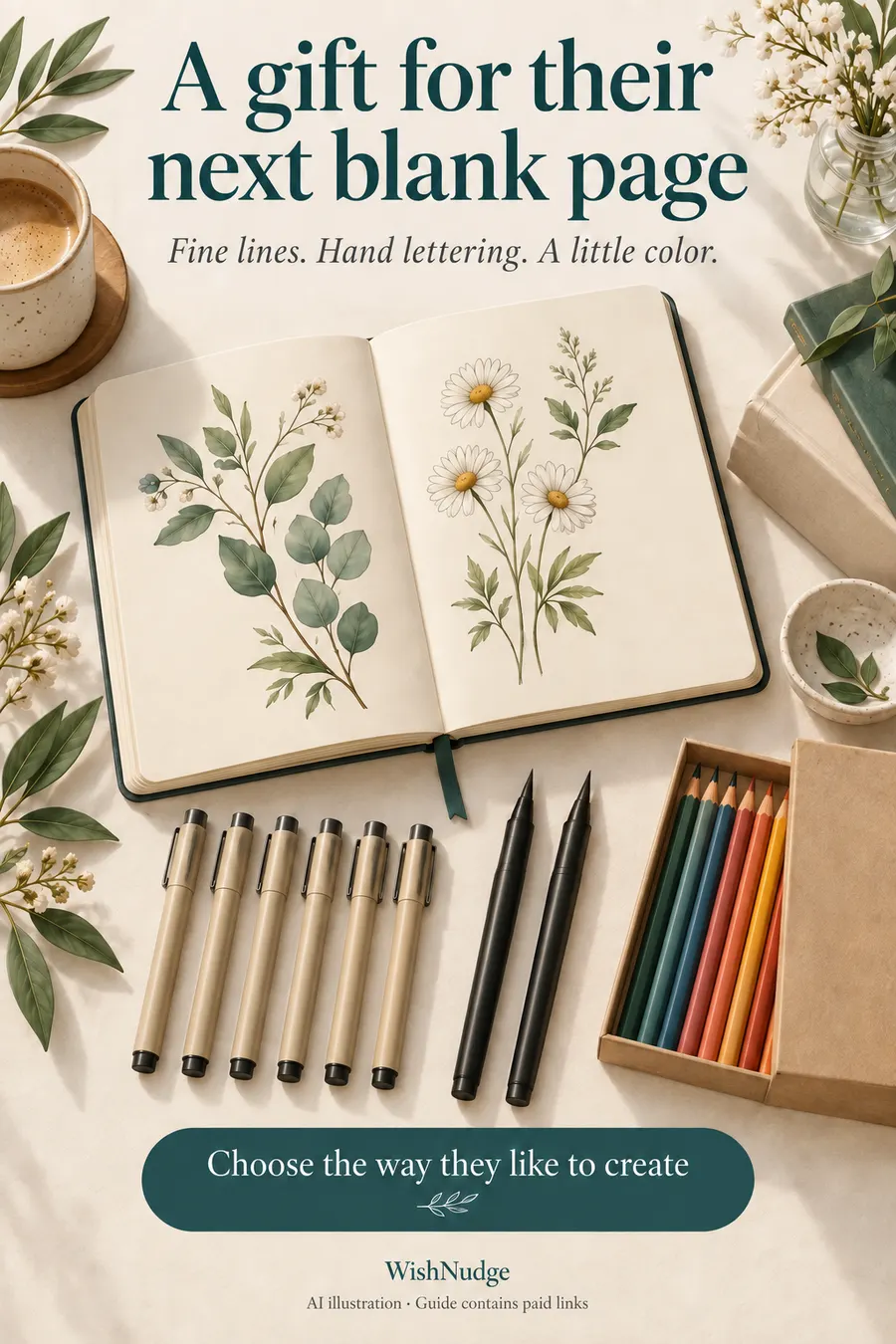 Illustrated blank sketchbook with botanical drawings, generic pens and colored pencils: a gift for their next blank page.