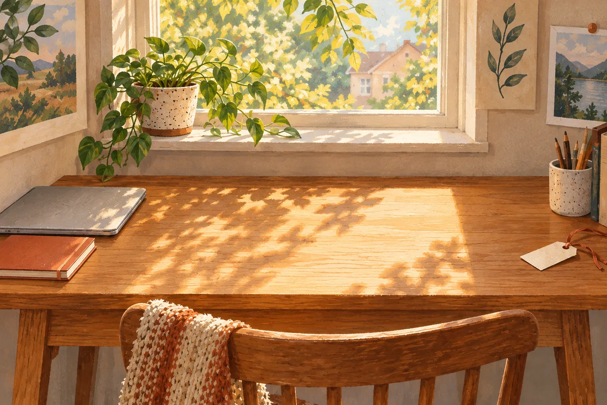 A sunlit painted desk with an empty center and a closed laptop at the edge.