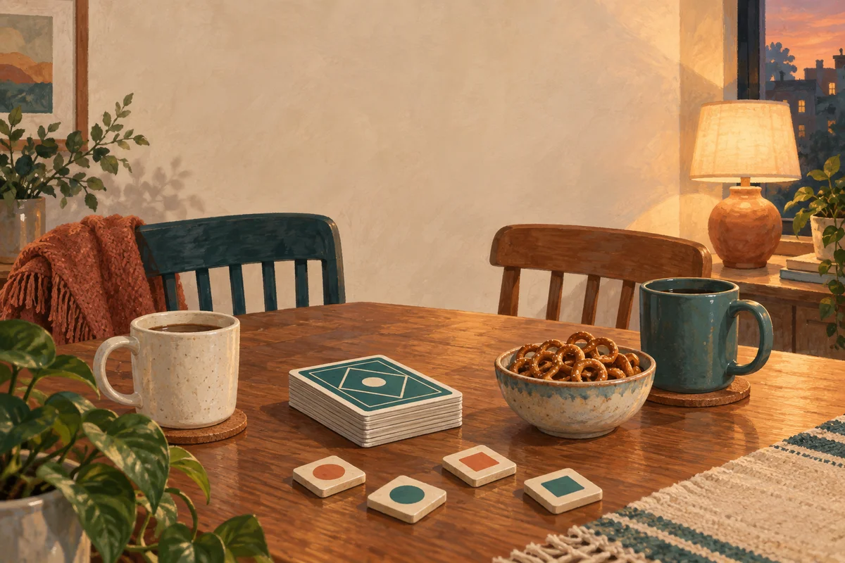A painted evening table with generic cards, shape tiles, two mugs and a bowl of pretzels under warm lamplight.