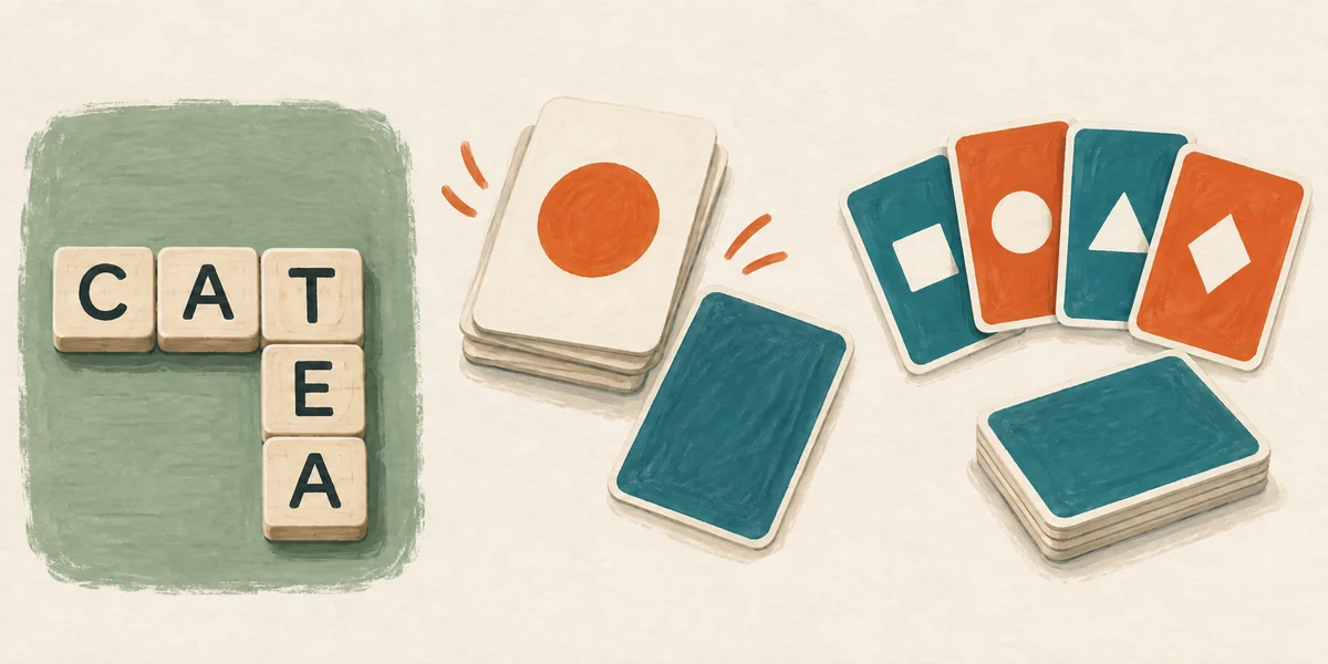 Three generic play types: separate letter tiles spelling CAT and TEA, an abstract card pile with motion marks, and cards with colored shapes. These are not real game components.