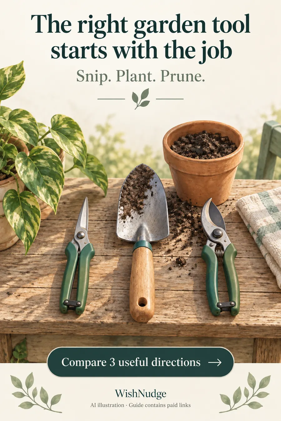 Illustrated closed plant snips, a trowel and pruning shears: match the garden tool to the job.