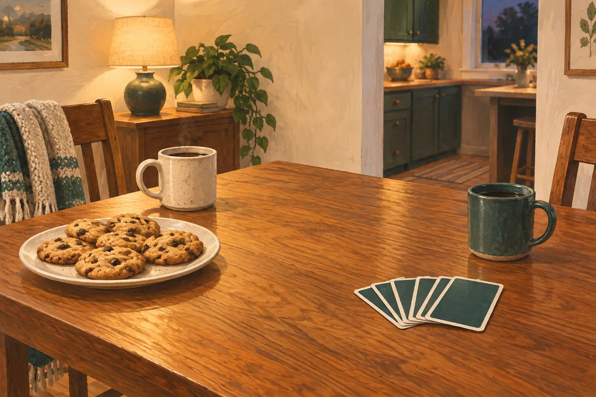 An original painted evening table with cookies, two plain mugs and generic teal-backed cards, with a warmly lit kitchen beyond.