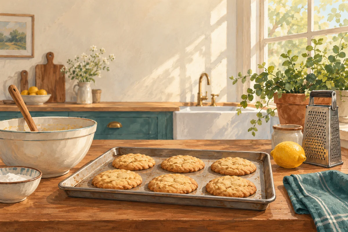 A warm painted kitchen with six cookies on a baking sheet, a mixing bowl, lemon and teal dish towel.
