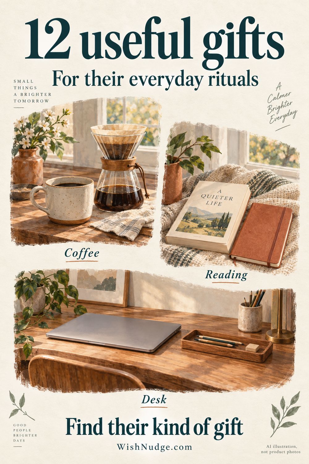 An original painted coffee, reading and desk scene headed 12 useful gifts. AI illustration, not product photos.