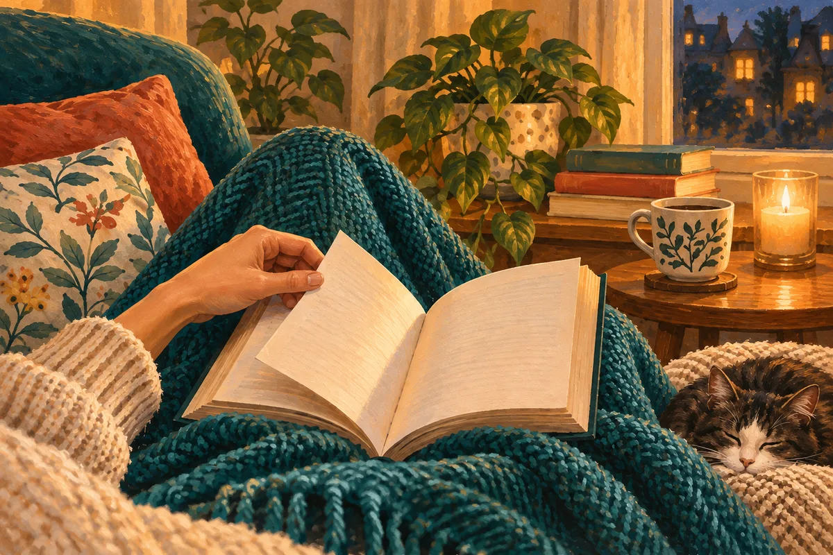 A quiet painted reading moment: a paperback, a teal blanket and a sleeping cat.