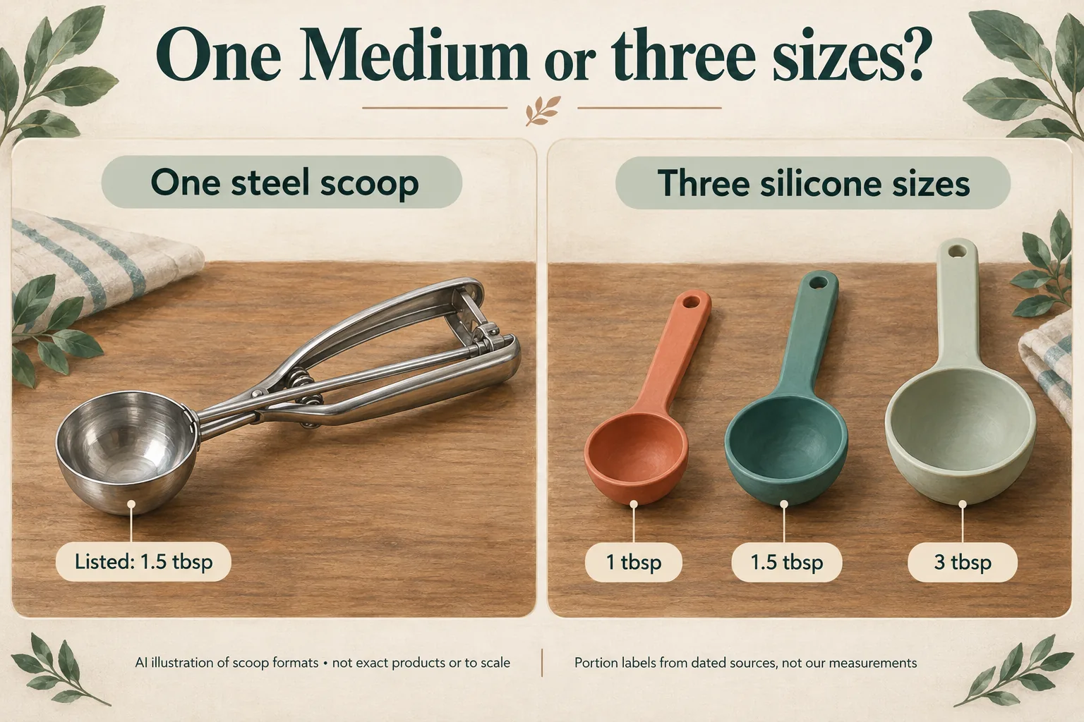 An AI illustration of one generic steel scoop labeled listed 1.5 tbsp and three generic silicone scoop sizes labeled 1, 1.5 and 3 tbsp. Tool types only; not exact products or to scale.