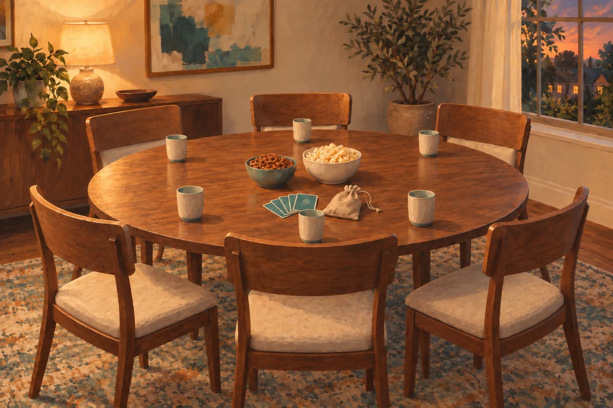 A painted evening dining table with six empty chairs, six tumblers, two snack bowls, plain teal cards and a linen pouch.