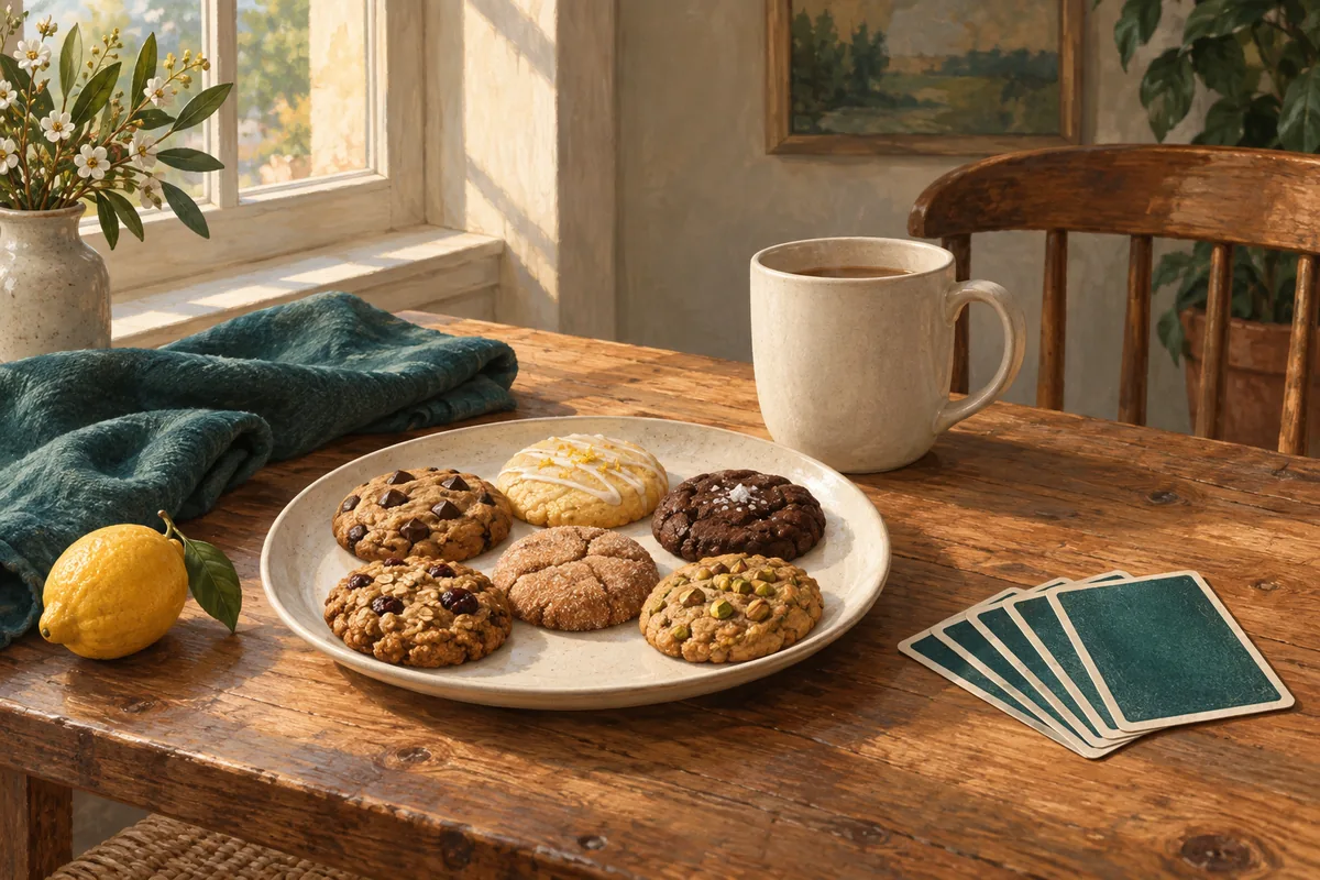 A warmly painted table with six cookies, a ceramic mug, a teal towel, a lemon and five plain teal-backed cards.